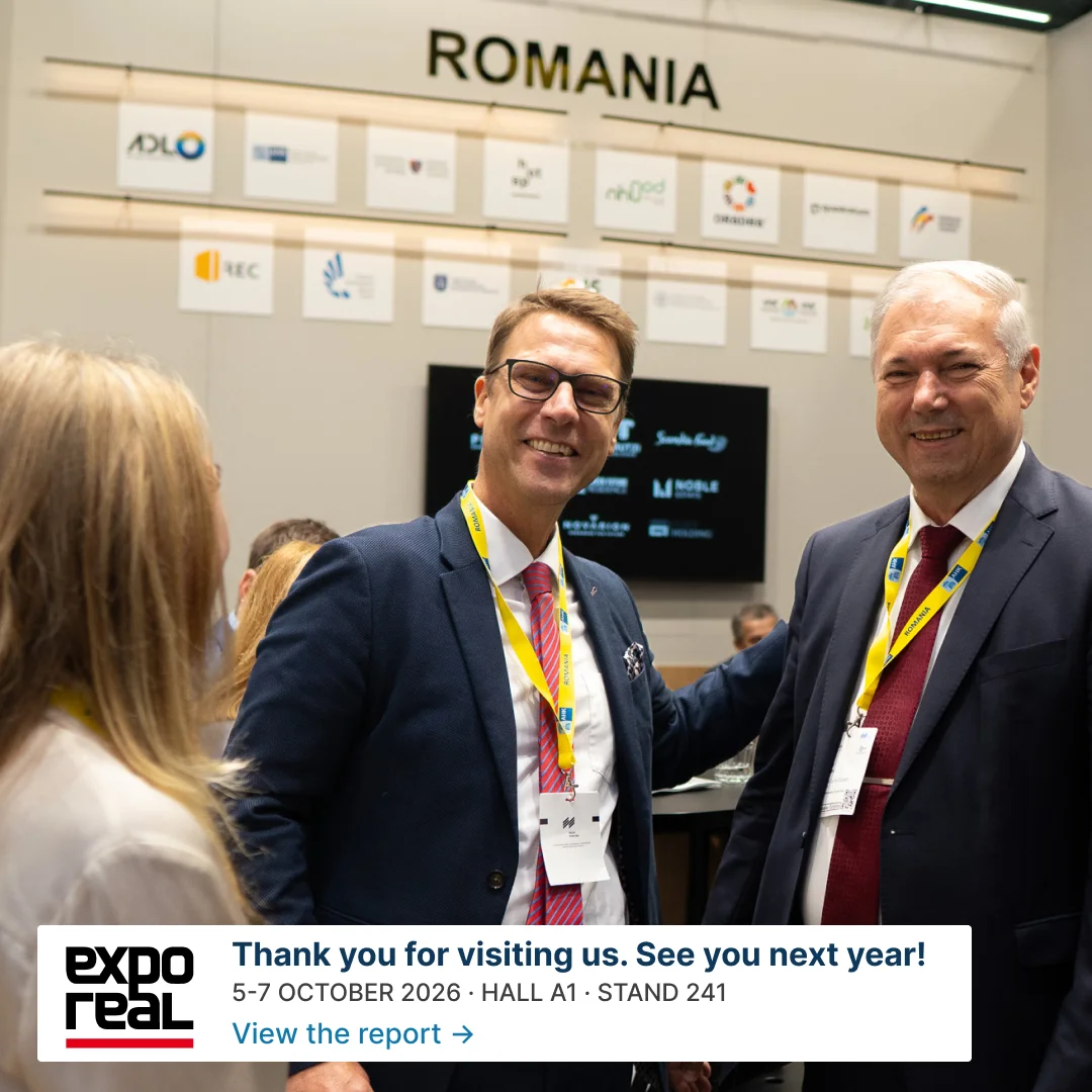Why Mureș team members with visitors at the Romanian stand, EXPO REAL München 2026. Thank you for visiting us. See you next year! View the report.