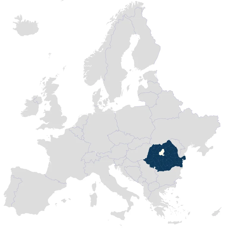 Map of Europe with Romania and Mureș County highlighted